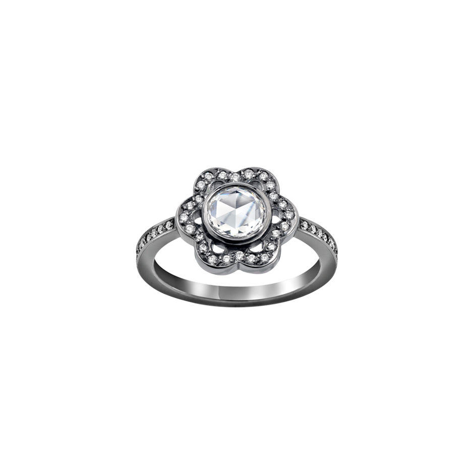 Orbital Diamond ring with rose cute and pave set diamonds in blackened 18 karat white gold by Solange Azagury-Partridge
