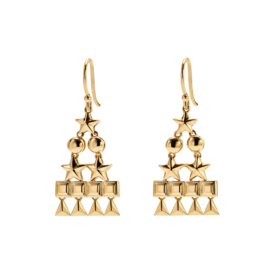 A pair of circle, star, square and triangle pyramid motif drop earrings in 18 karat yellow gold by Solange Azagury-Partridge