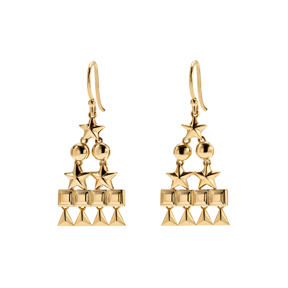 A pair of circle, star, square and triangle pyramid motif drop earrings in 18 karat yellow gold by Solange Azagury-Partridge