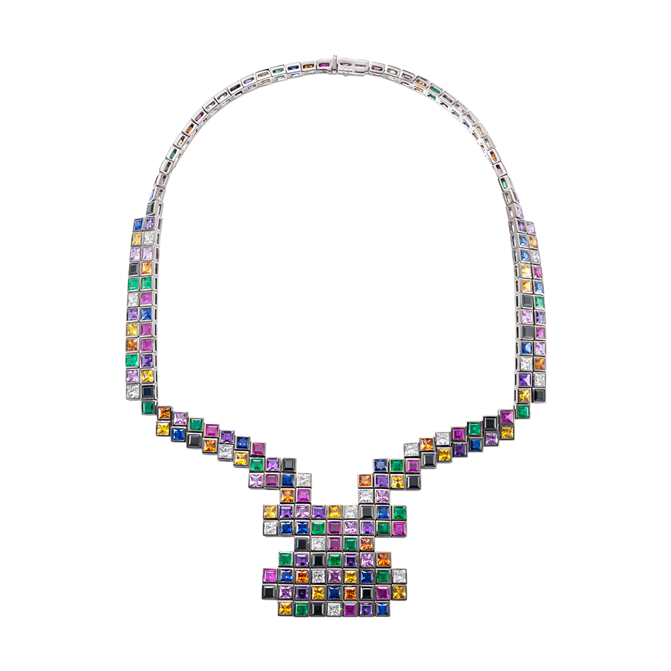 A necklace set in a random layout of square and princess cut diamonds, emeralds, amethysts, rubies, black spinel and yellow, blue, orange and pink sapphires in blackened 18 karat white gold by Solange Azagury-Partridge