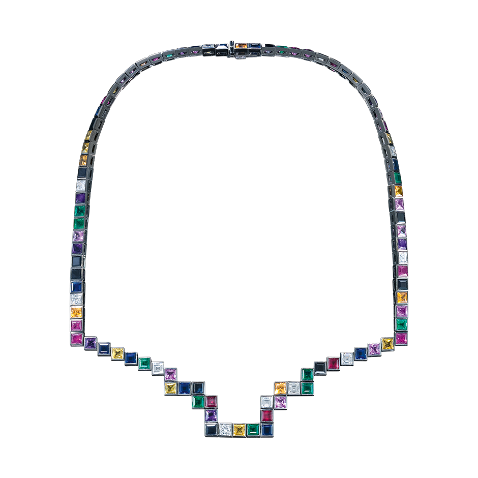 A random layout of square and princess cut Diamonds, coloured Sapphires, Rubies and Emeralds skinny necklace in blackened 18 karat white gold by Solange Azagury-Partridge