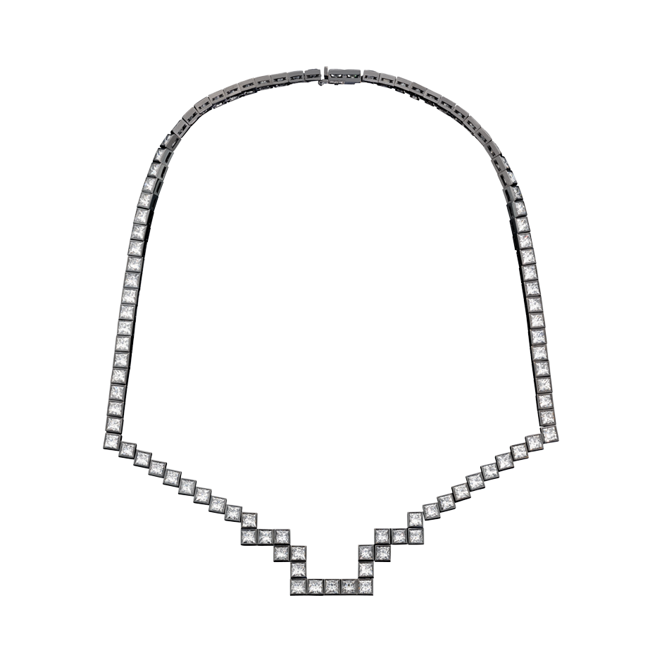 A random layout of square and princess cut Diamonds skinny necklace in blackened 18 karat white gold﻿ by Solange Azagury-Partridge