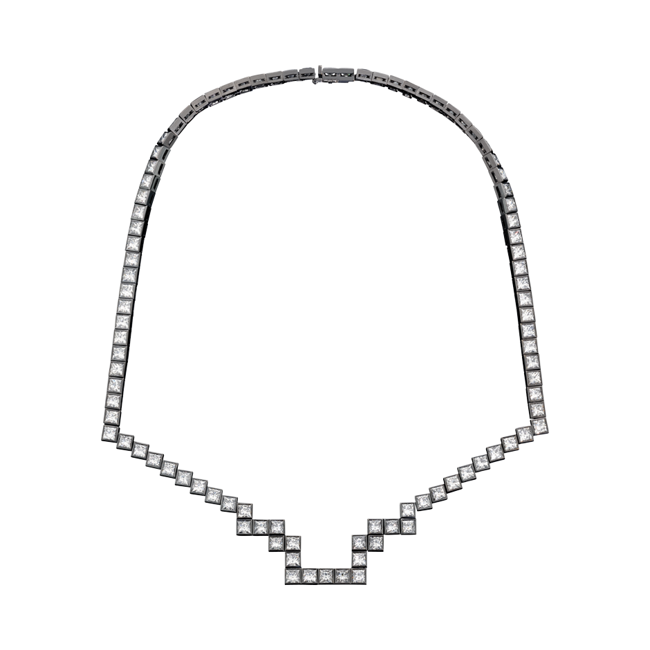 A random layout of square and princess cut Diamonds skinny necklace in blackened 18 karat white gold by Solange Azagury-Partridge