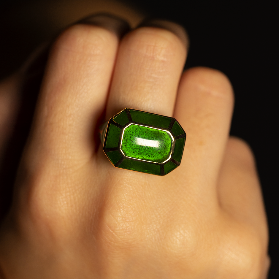 Real Fake Rectangular Green Enamel Ring