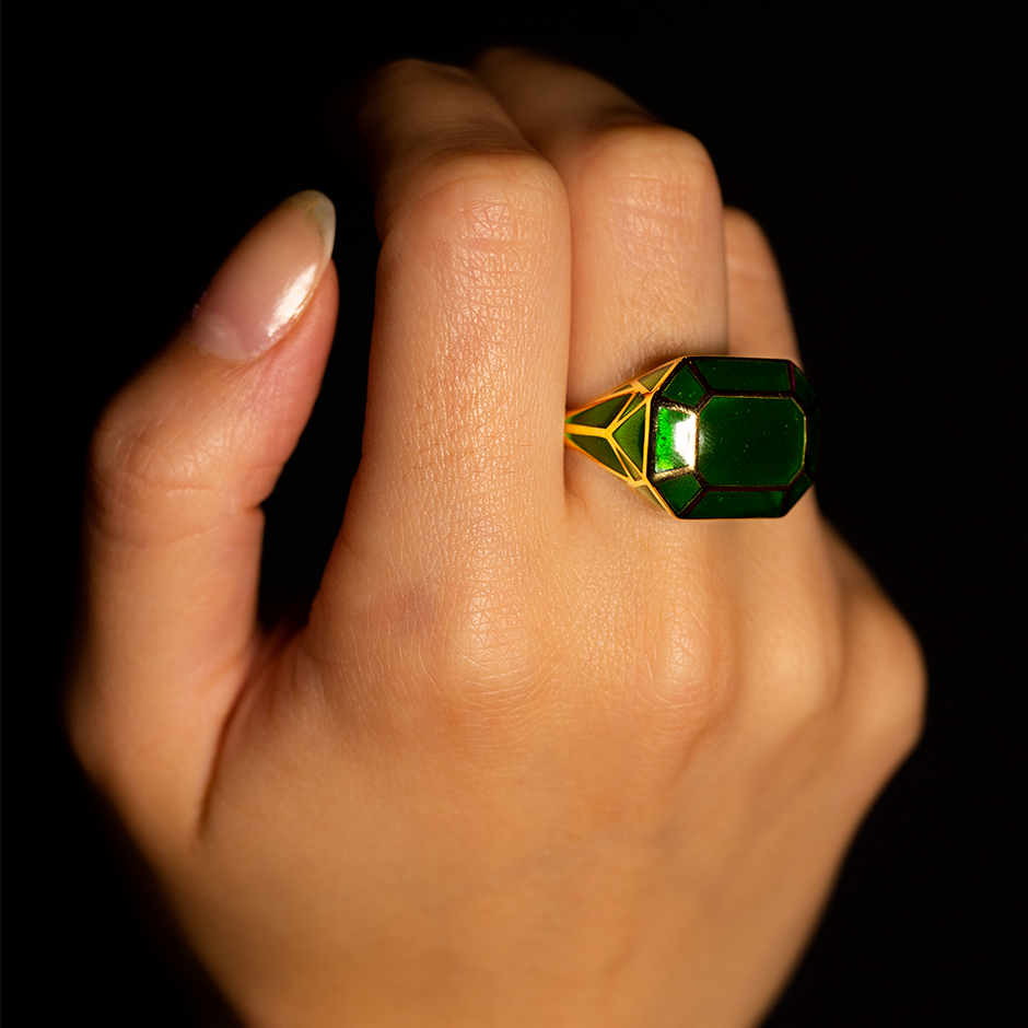 Real Fake Rectangular Green Enamel Ring