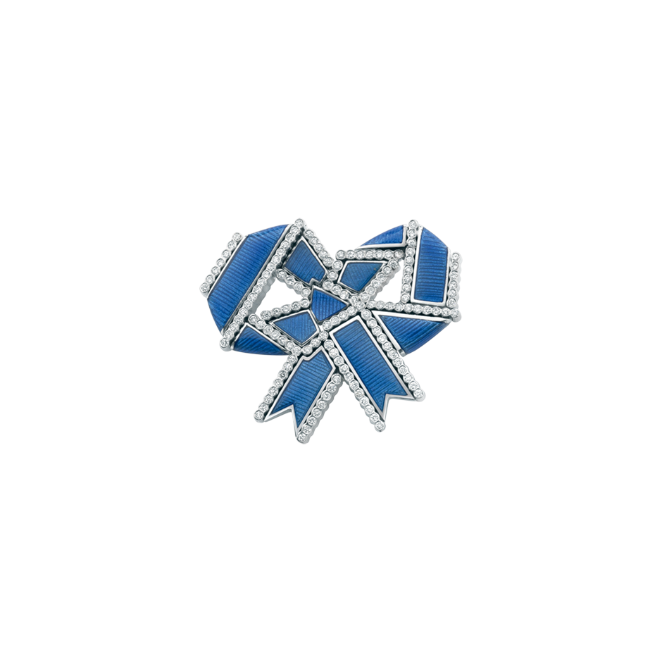 A twisted ribbon motif diamond and blue guilloché enamel regalia brooch in 18 karat white gold by Solange Azagury-Partridge
