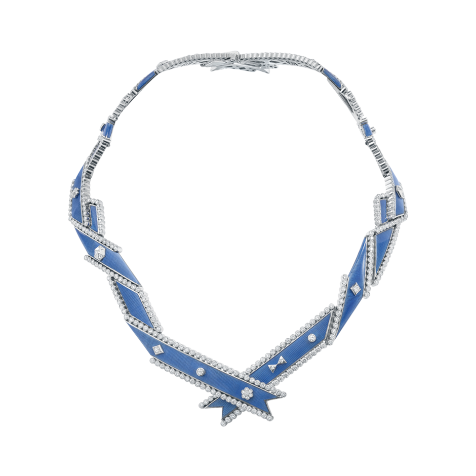 A twisted ribbon motif diamond and blue guilloché enamel regalia necklace in 18 karat white gold by Solange Azagury-Partridge