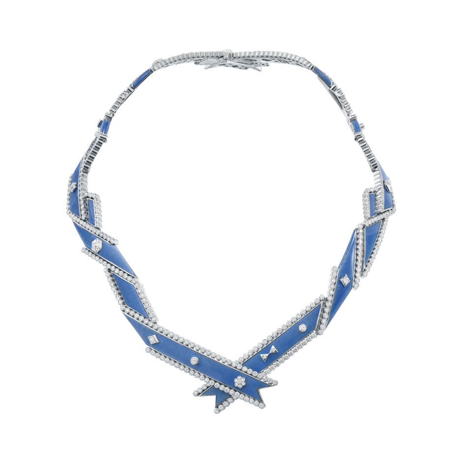 A twisted ribbon motif diamond and blue guilloché enamel regalia necklace in 18 karat white gold by Solange Azagury-Partridge