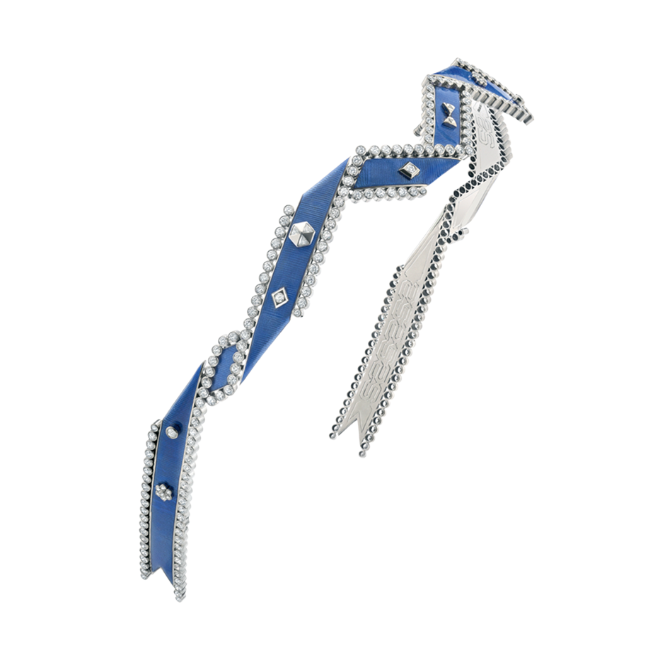 A twisted ribbon motif diamond and blue guilloché enamel regalia headband in 18 karat white gold by Solange Azagury-Partridge