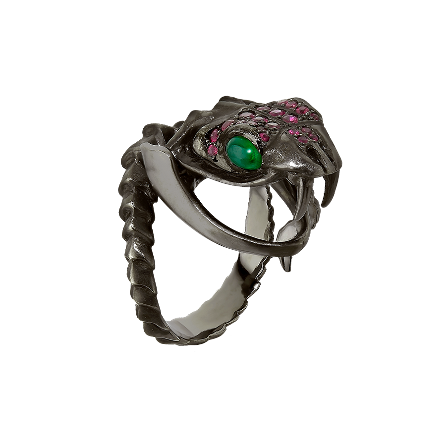 Alpha Viper Articulated Head Ring in Blackened 18 Karat White Gold and set with Emerald Eyes ad Ruby head by Solange Azagury-Partridge