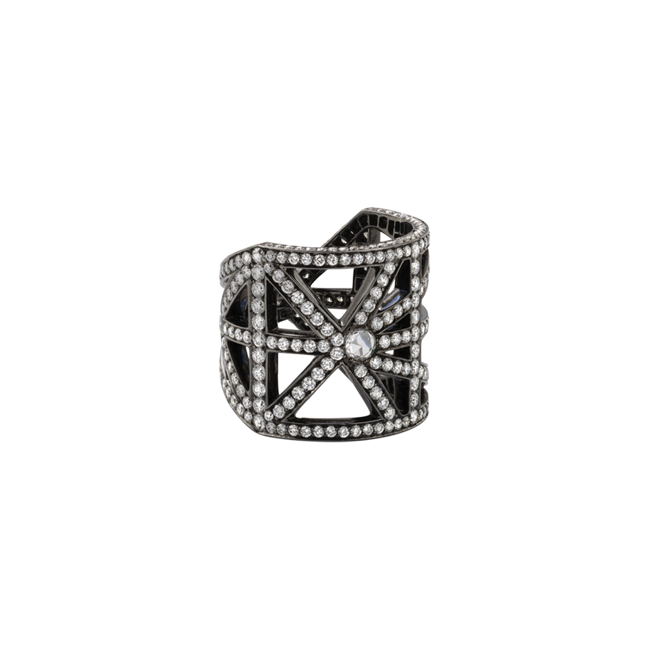 An open work ring set with brilliant and rose cut Diamonds in blackened 18 karat white gold by Solange Azagury-Partridge