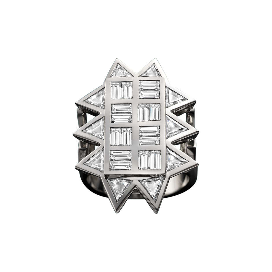 Witchy Diamond Ring Set with Triangle and Baguette Shaped Diamond in 18 karat white gold by Solange Azagury-Partridge