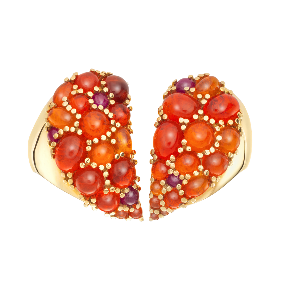 Broken Heart Two Finger Heart Ring Set with Fire Opal and Ruby Cabochons on 18k Yellow Gold By Solange Azagury-Partridge