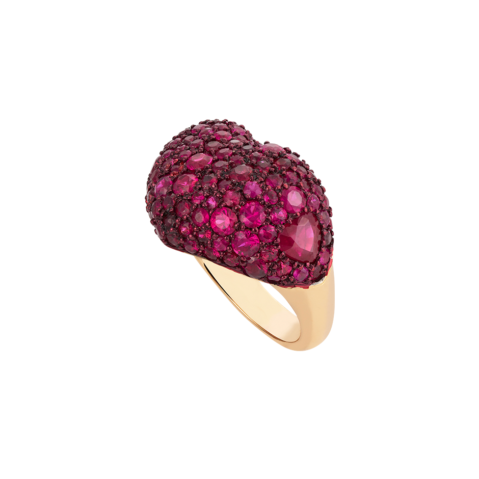 A love heart ring set with rubies pavé and red ceramic plate in 18 karat rose gold ring by Solange Azagury-Partridge