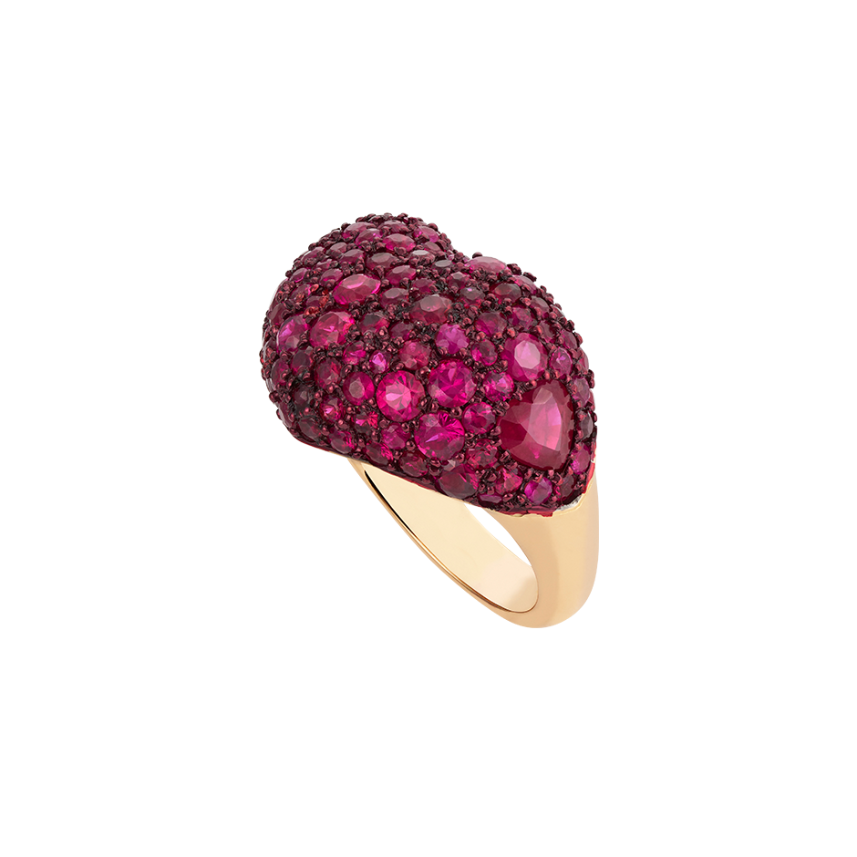 A love heart ring set with rubies pavé and red ceramic plate in 18 karat rose gold ring by Solange Azagury-Partridge