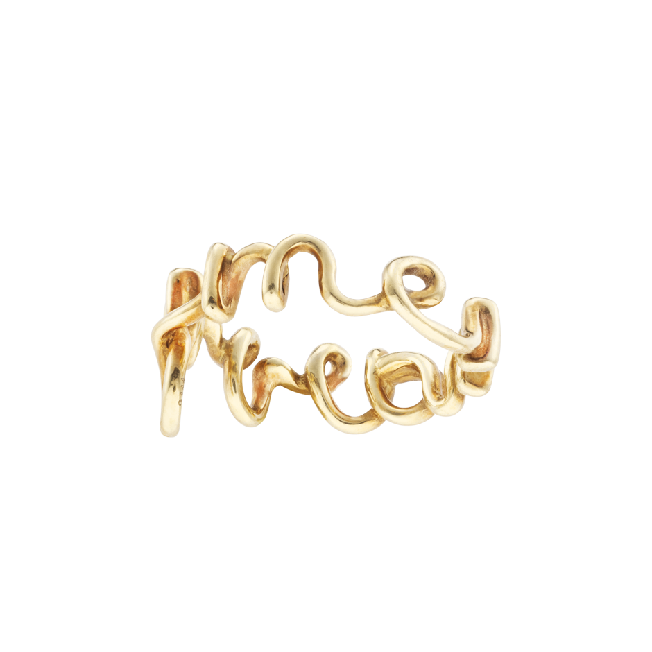 Marry Me Word Ring made from wire curved into the words of marriage proposal 18k yellow gold by Solange Azagury-Partridge side view
