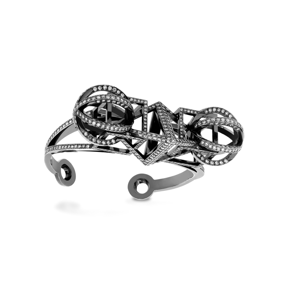 Platonic Cuff Made from Diamond Pave Encrusted Spheres, Cubes, and Triangles made from Diamonds and 18 karat White Gold By Solange Azagury-Partridge