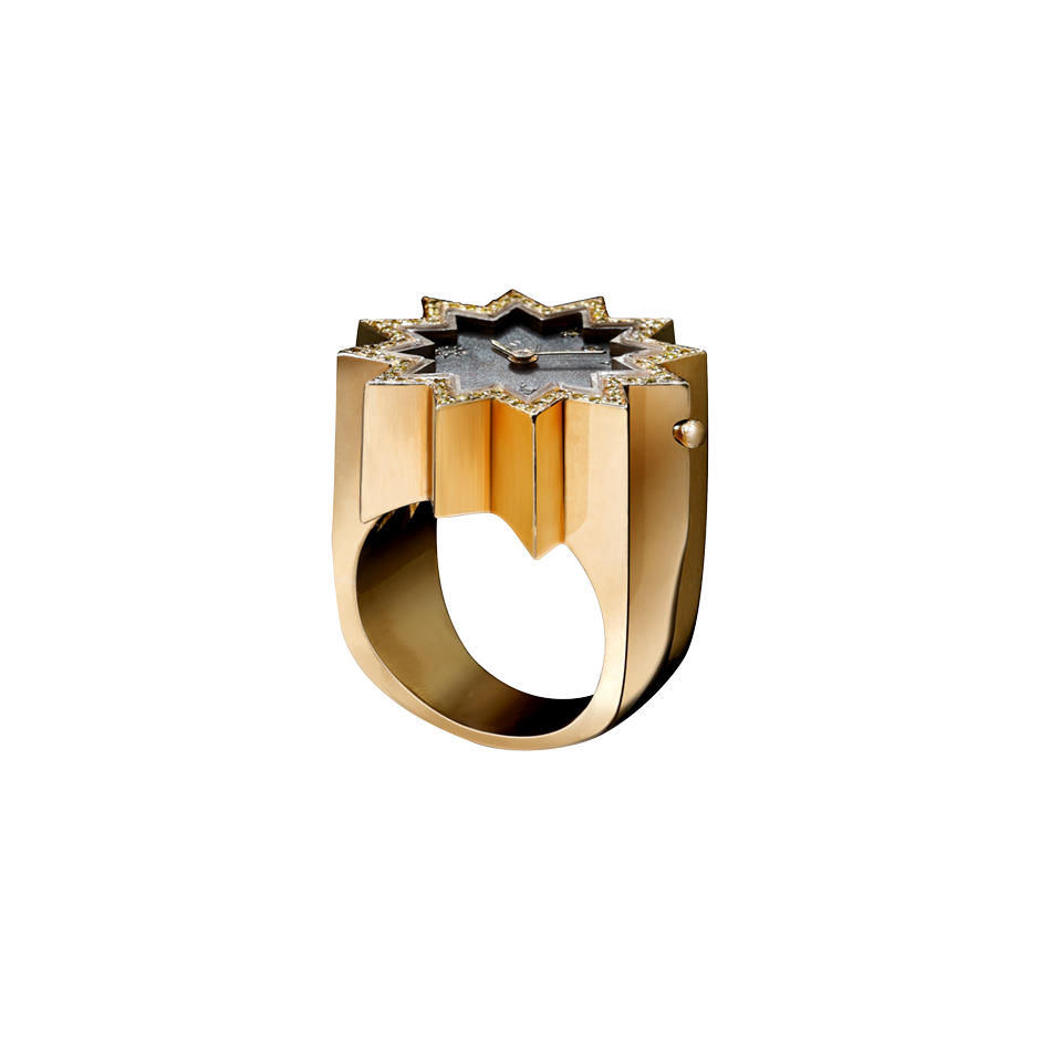 A star shaped analogue watch ring with diamonds for the numbers and diamonds pavé  surrounding in 18 karat yellow gold by Solange Azagury-Partridge