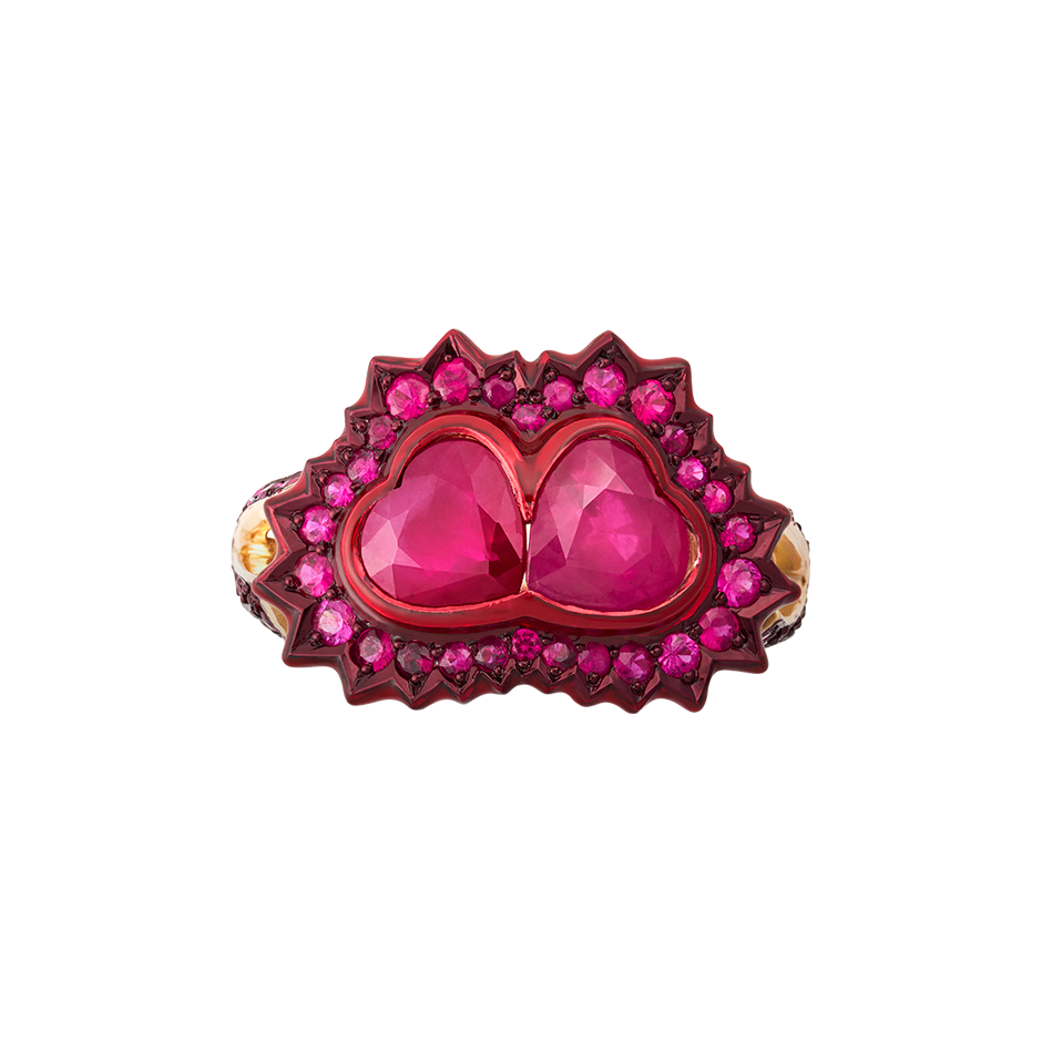 A ring composed of two heart shaped rubies supported by pavé set ruby heartbeat with red lacquer and ceramic plate set in 18 karat rose gold by Solange Azagury-Partridge