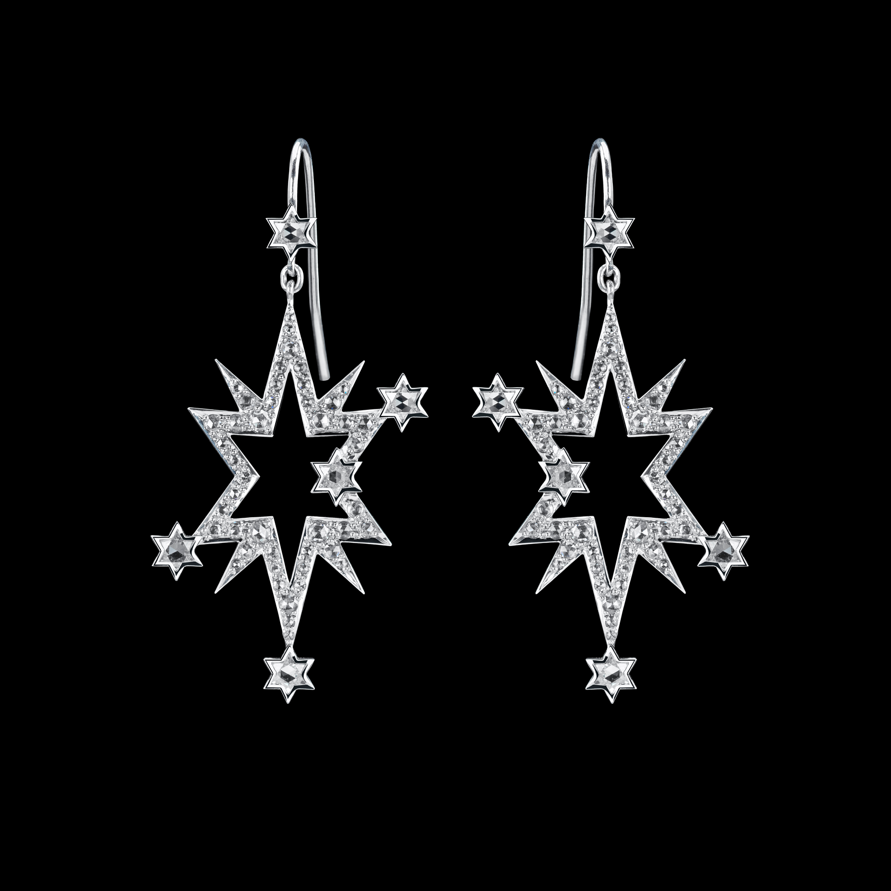 Aster Earrings by designer Solange Azagury-Partridge - 18k White Gold, star cut and rose cut diamonds - front view 