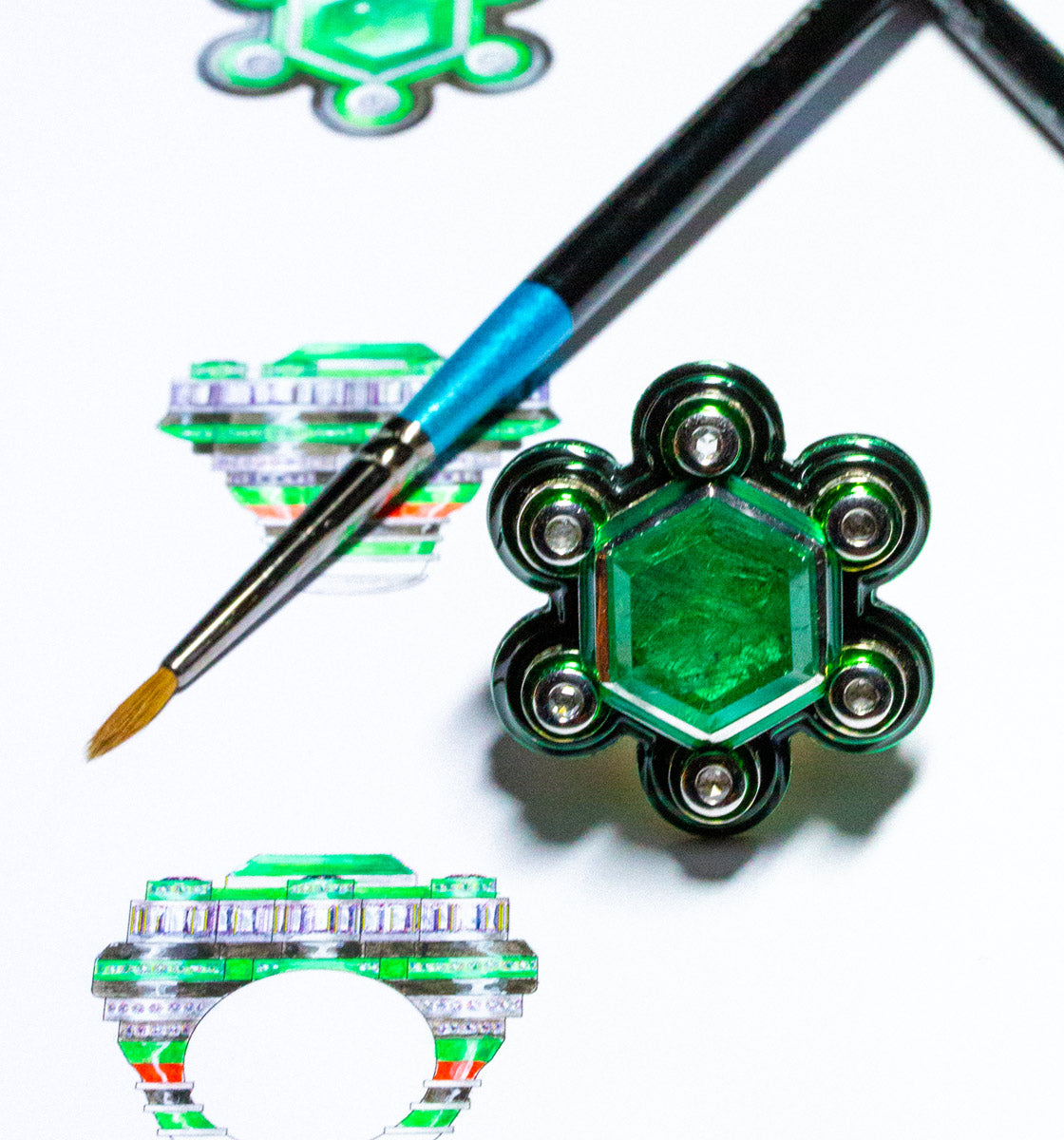 Bespoke Emerald Space Station poptails ring ink drawing by Solange Azagury-Partridge
