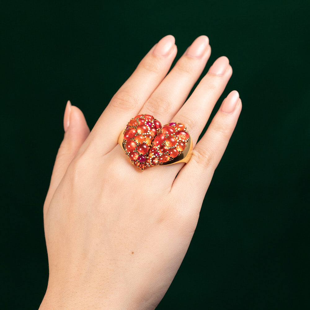 Broken Heart Two Finger Heart Ring Set with Fire Opal and Ruby Cabochons on 18k Yellow Gold By Solange Azagury-Partridge on Hand