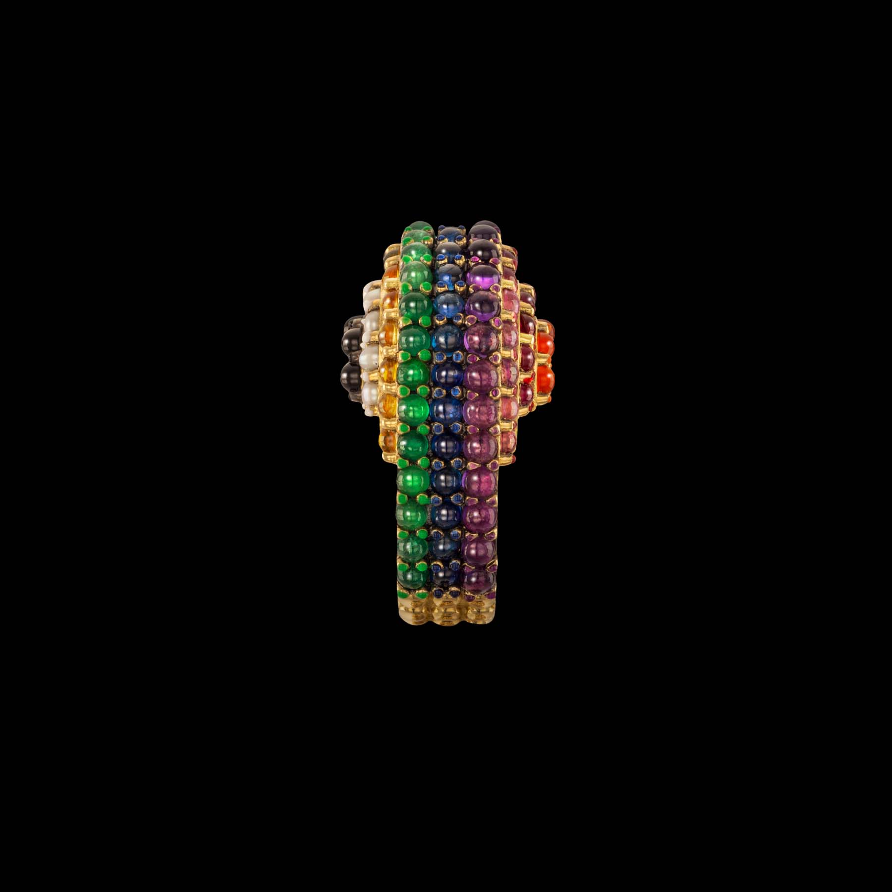 Colourway Rainbow ring by designer Solange Azagury-Partridge - 18k Yellow Gold, gemstones and enamel - vertical side view