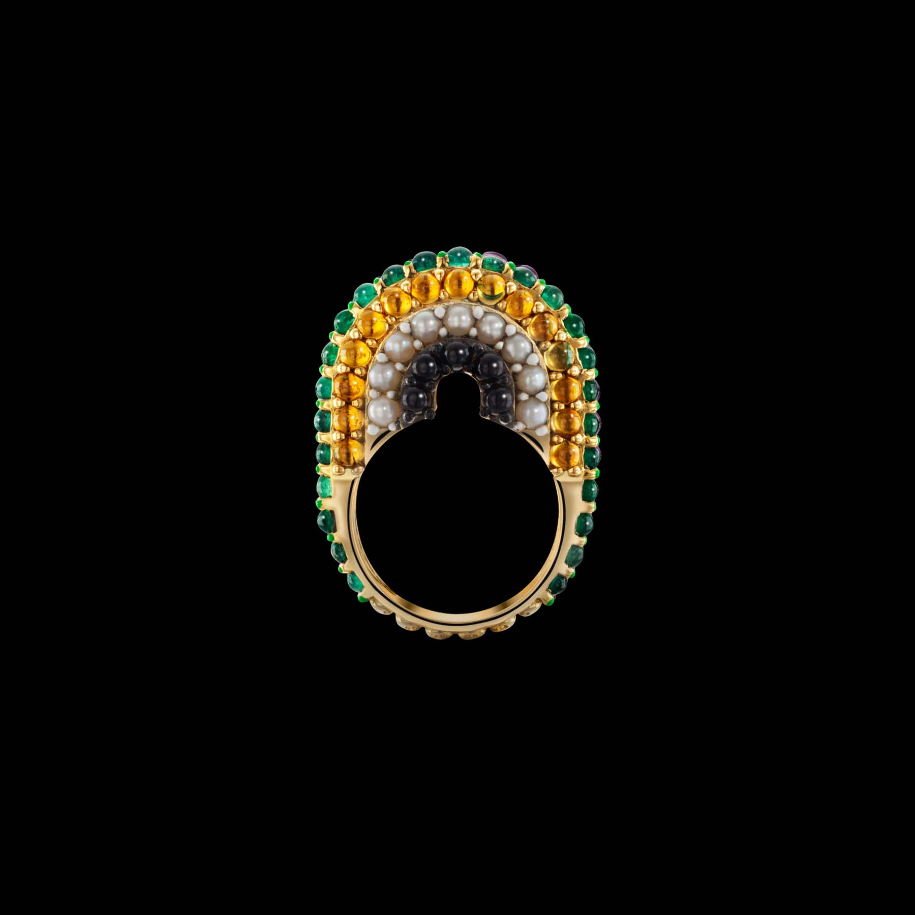 Colourway Rainbow ring by designer Solange Azagury-Partridge - 18k Yellow Gold, gemstones and enamel - vertical front view