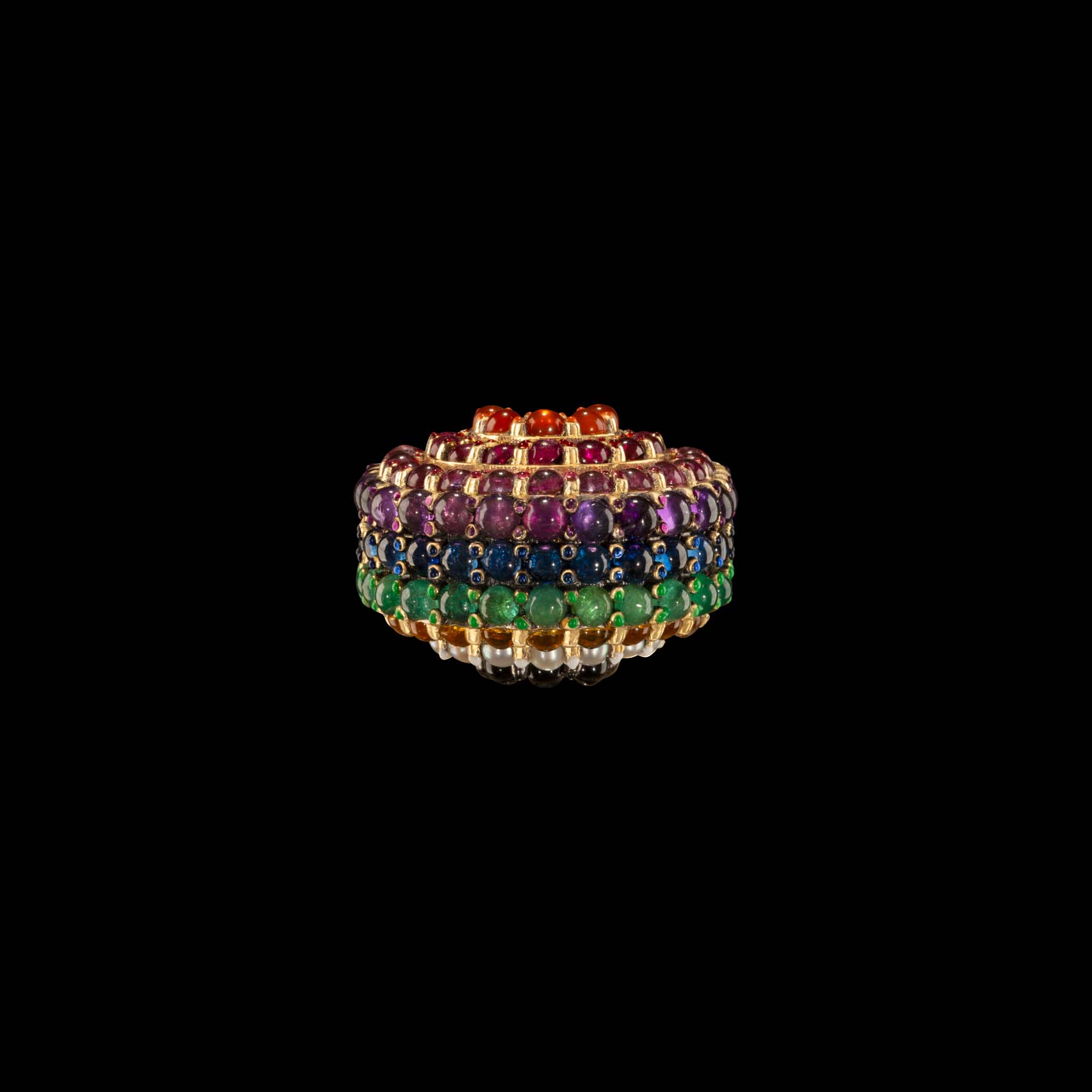 Colourway Rainbow ring by designer Solange Azagury-Partridge - 18k Yellow Gold, gemstones and enamel - orizontal front view