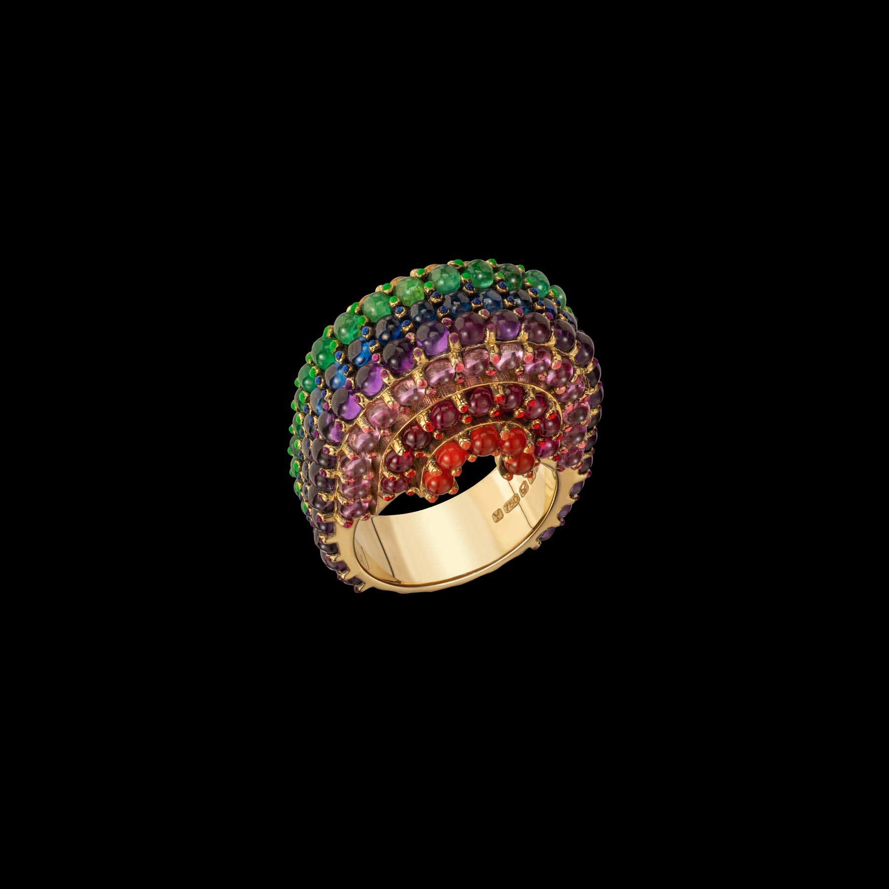 Colourway Rainbow ring by designer Solange Azagury-Partridge - 18k Yellow Gold, gemstones and enamel - vertical top view