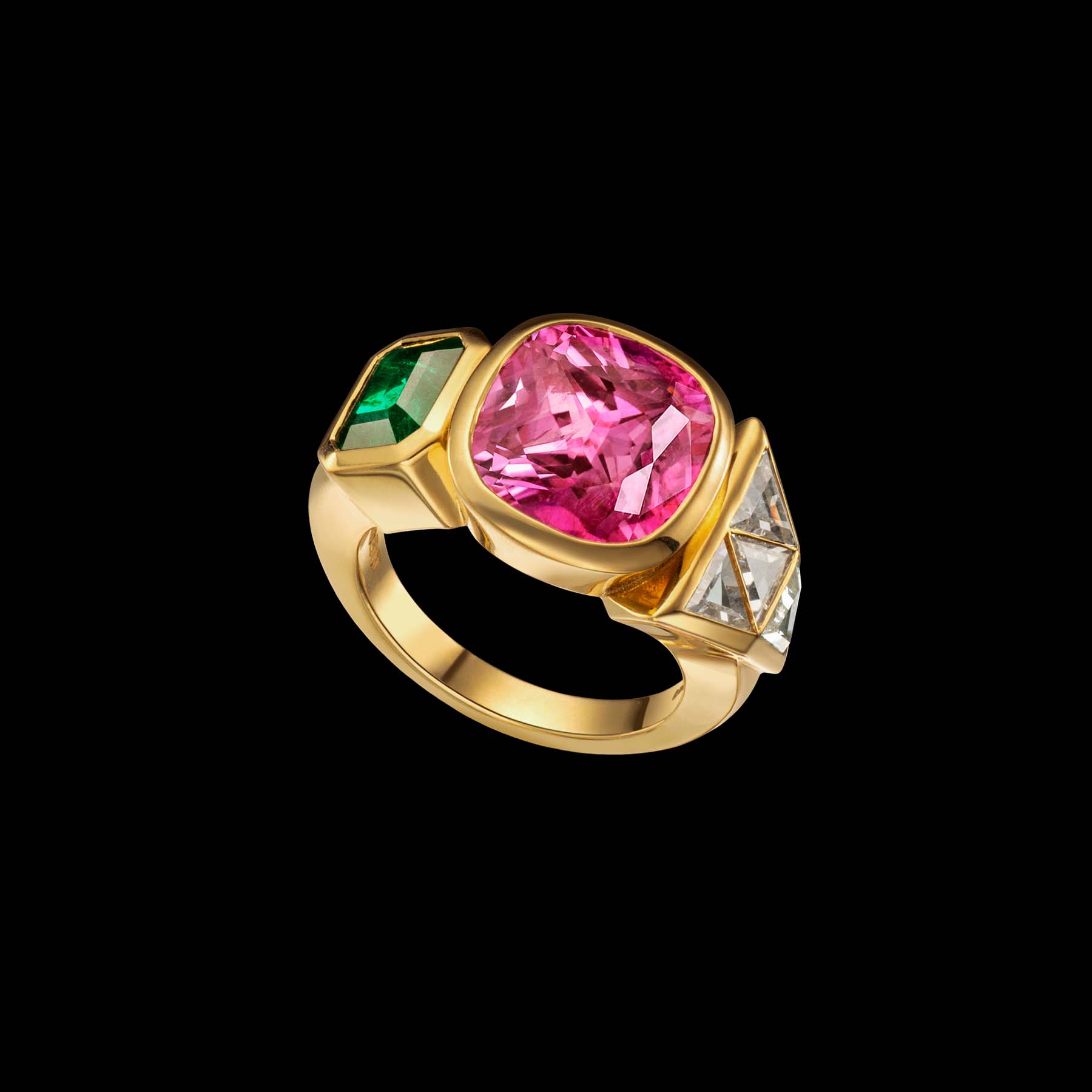 Edible ring by designer Solange Azagury-Partridge - 18k Yellow Gold, Pink Sapphire - front diagonal view