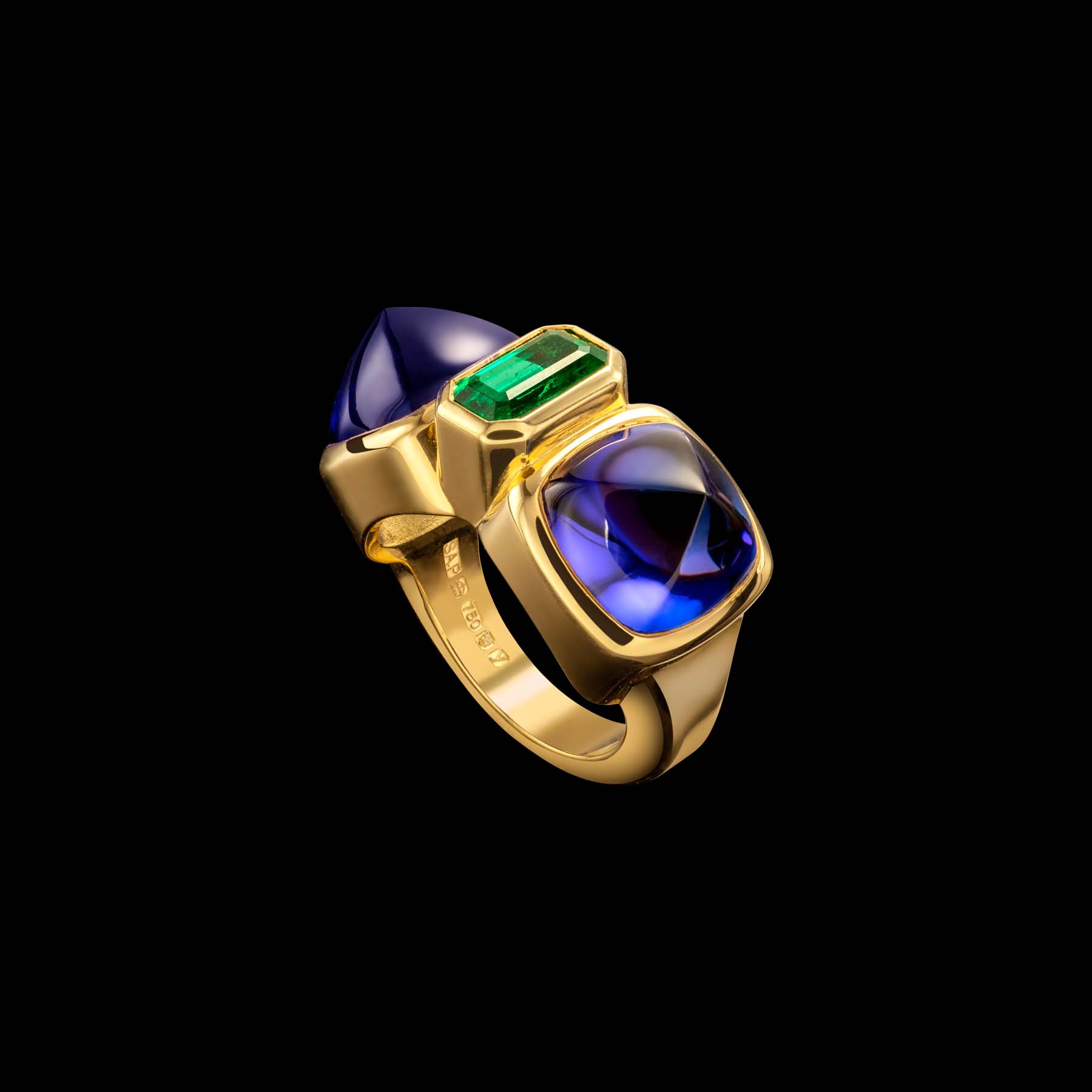 Edible ring by designer Solange Azagury-Partridge - 18 carat Yellow Gold, Tanzanite & Emerald - side view