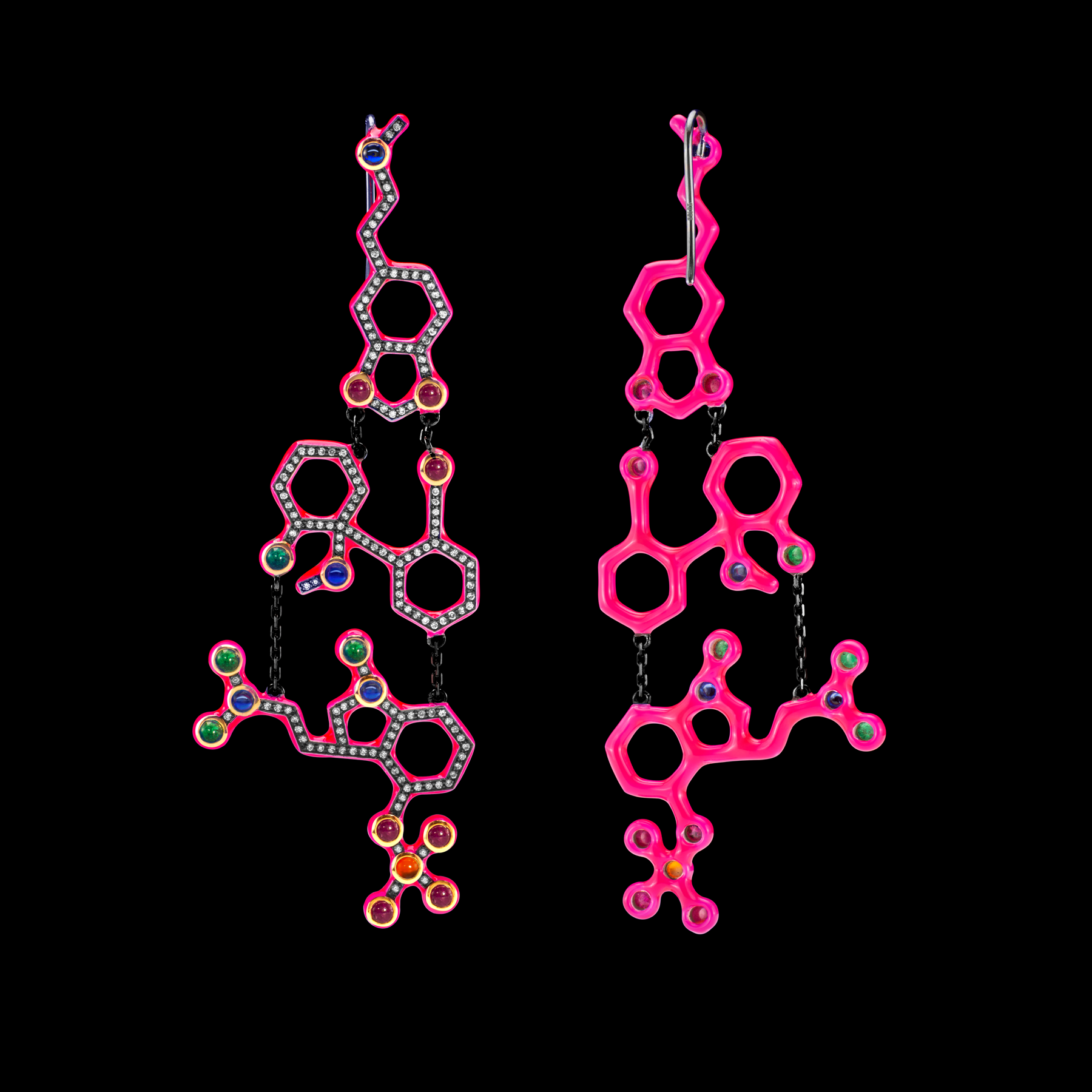 Euphorian earrings by designer Solange Azagury-Partridge - Blackened 18 carat White Gold Emerald, Sapphire, Ruby, Cornelian, Diamonds and neon pink enamel - Front and back view