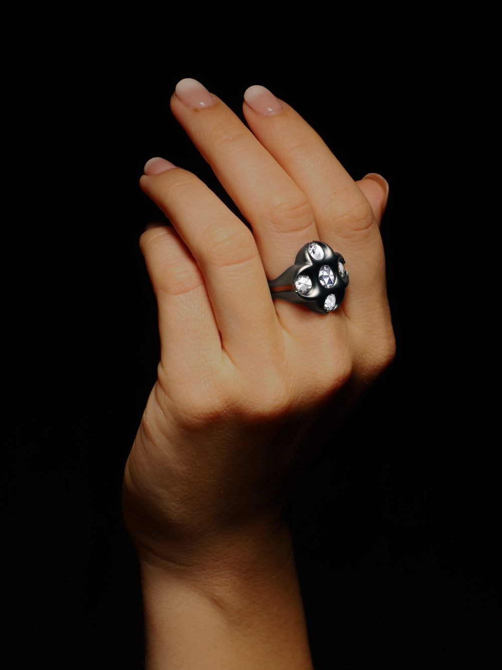 Diamond horns ring by Solange Azagury-Partridge, Diamond Blackened White Gold and rose cuts diamonds - styling on model hand