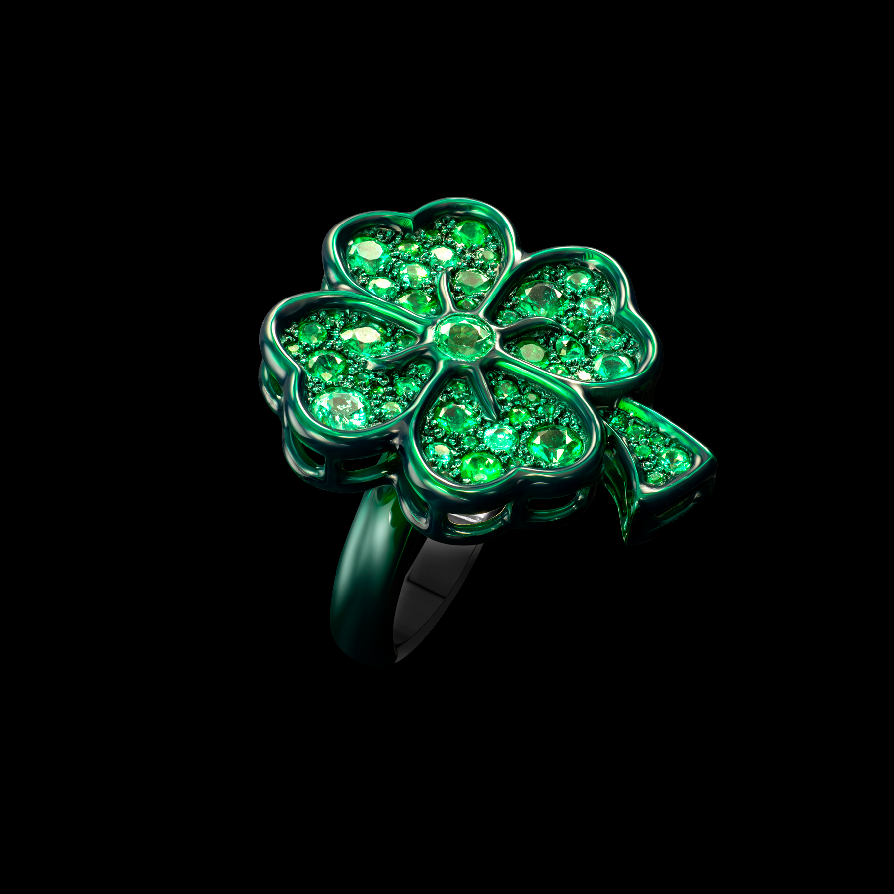 The Lucky ring by designer Solange Azagury-Partridge - Blackened 18k White Gold, Ceramic and Enamel, Emeralds - front view 0