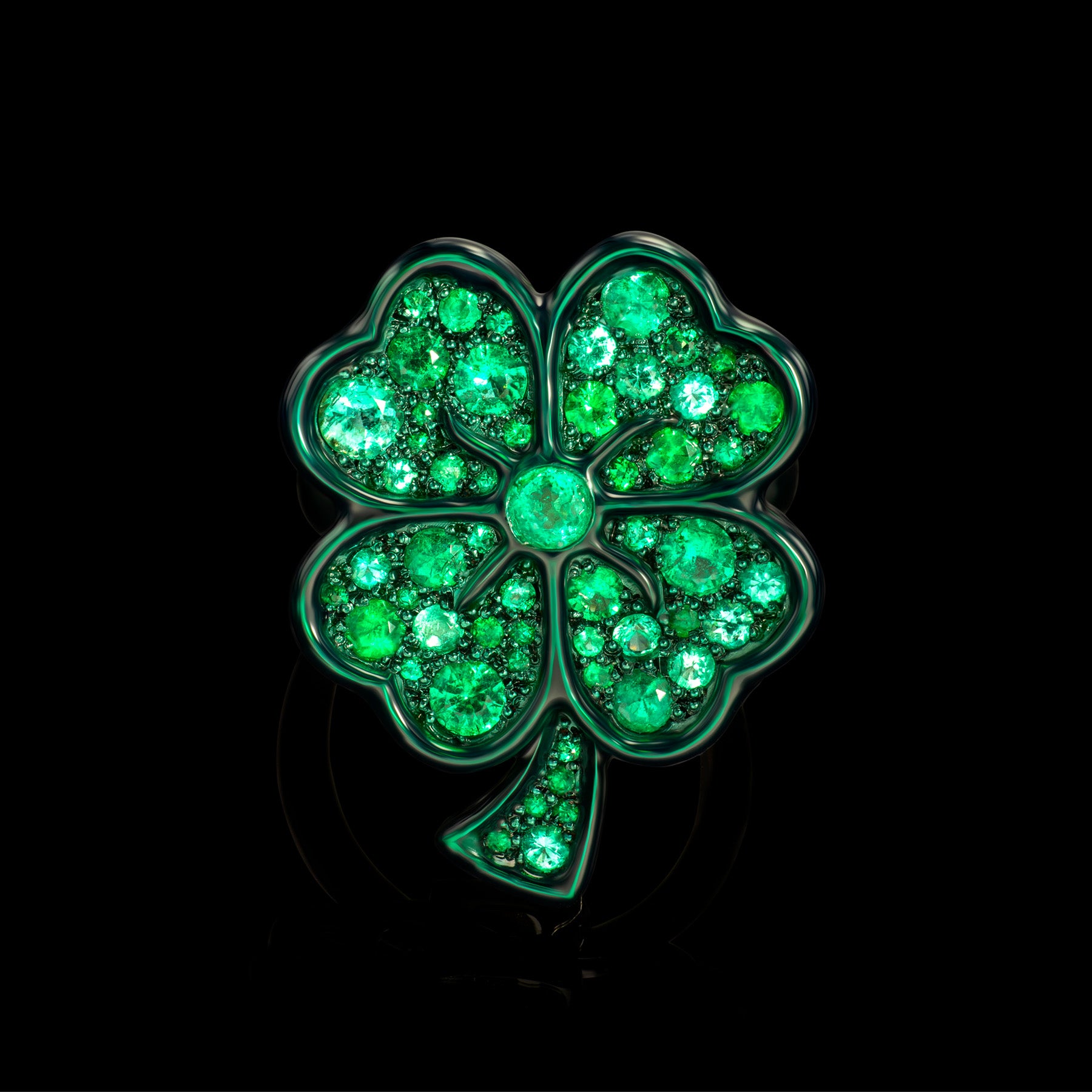 The Lucky ring by designer Solange Azagury-Partridge - Blackened 18k White Gold,, Ceramic and Enamel, Emeralds - front view 1