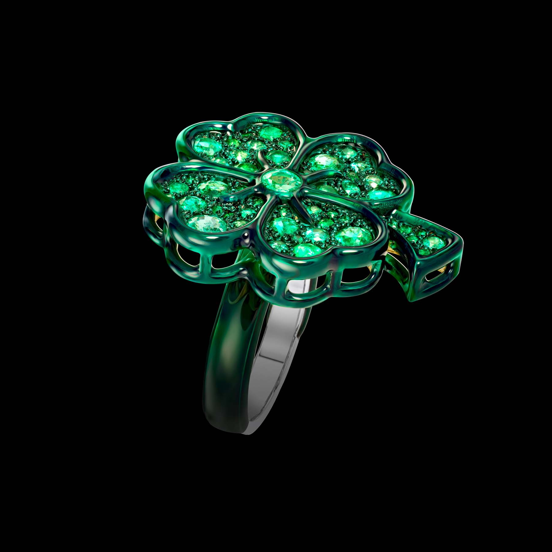 The Lucky ring by designer Solange Azagury-Partridge - Blackened 18k White Gold,, Ceramic and Enamel, Emeralds - front view 2