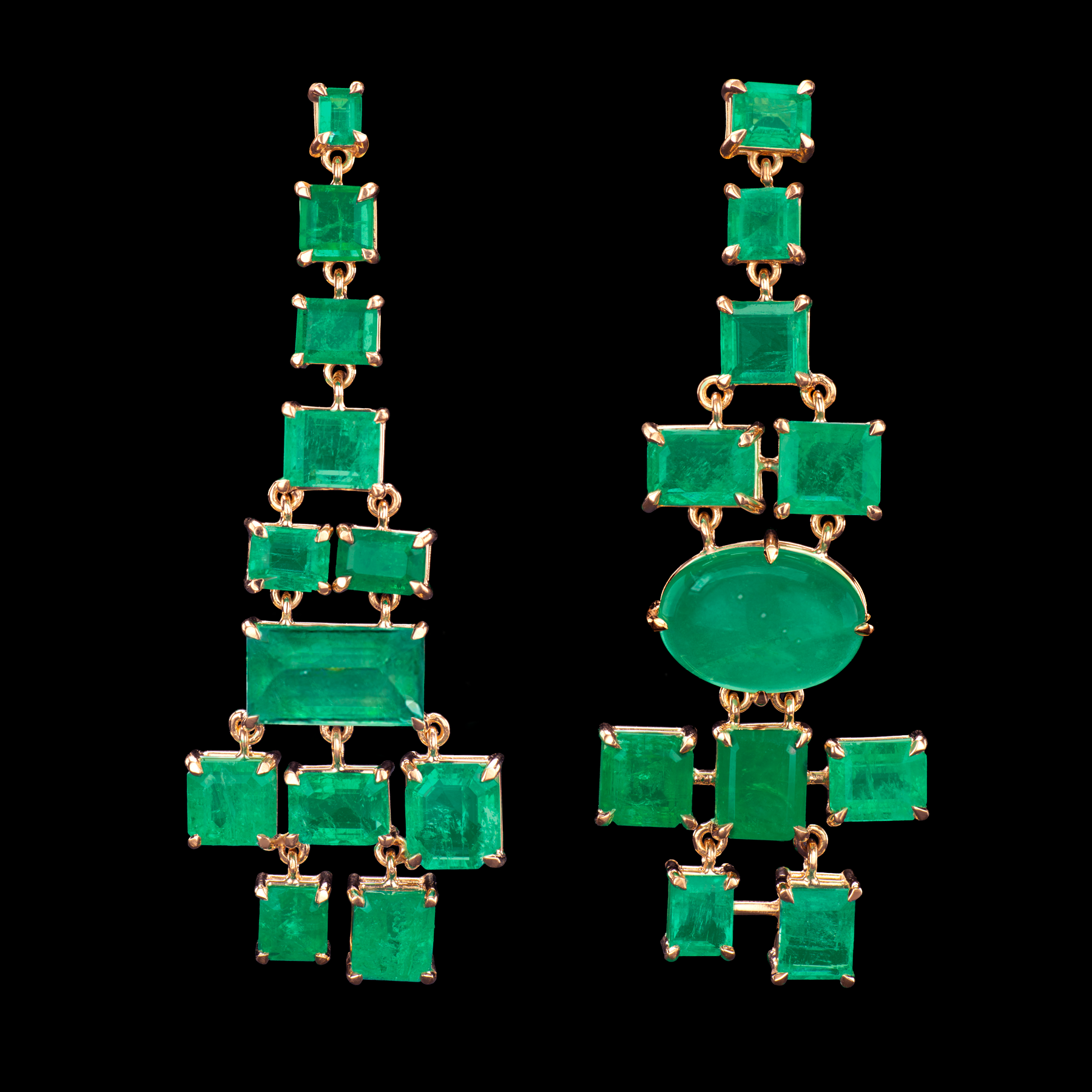 The Misfits Earrings by designer Solange Azagury-Partridge - YG and Emeralds - front view