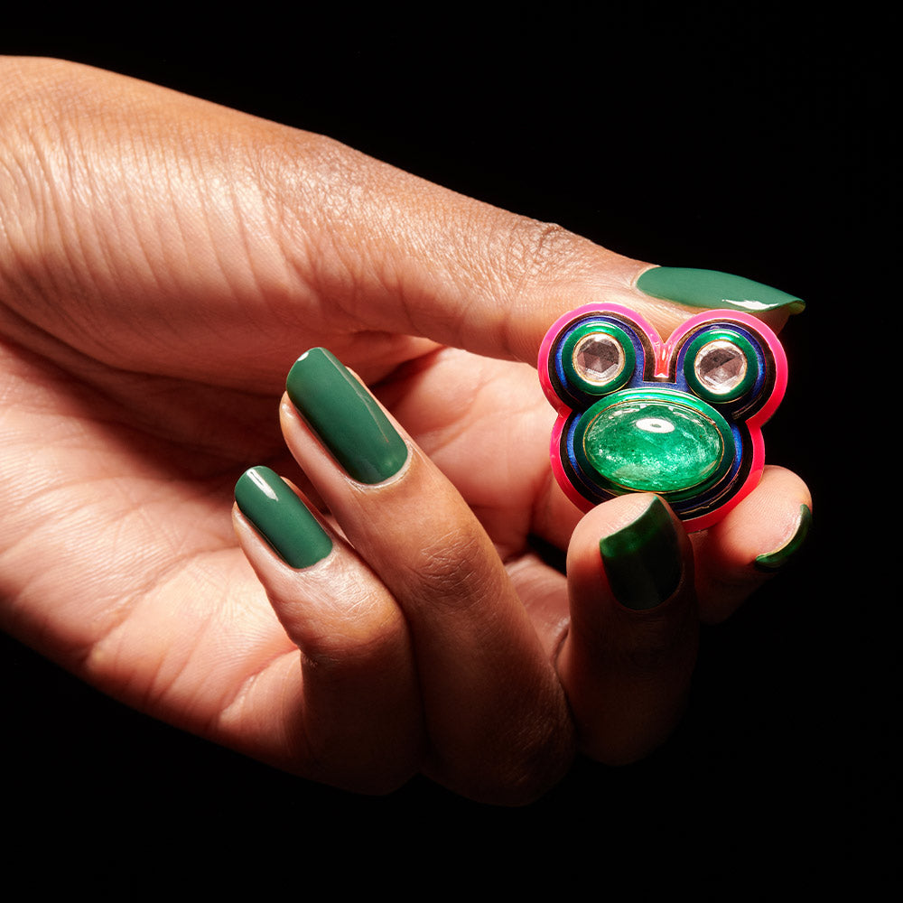 Poptail Micky Mouse Ring in hand Emerald Rose Cut Diamond Enamel and 18 karat gold by Solange Azagury-Partridge