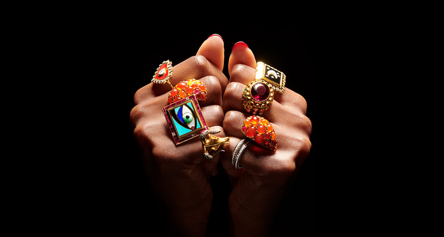 A fistful of fine jewellery rings in precious stones and 18 karat gold by Solange Azagury-Partridge