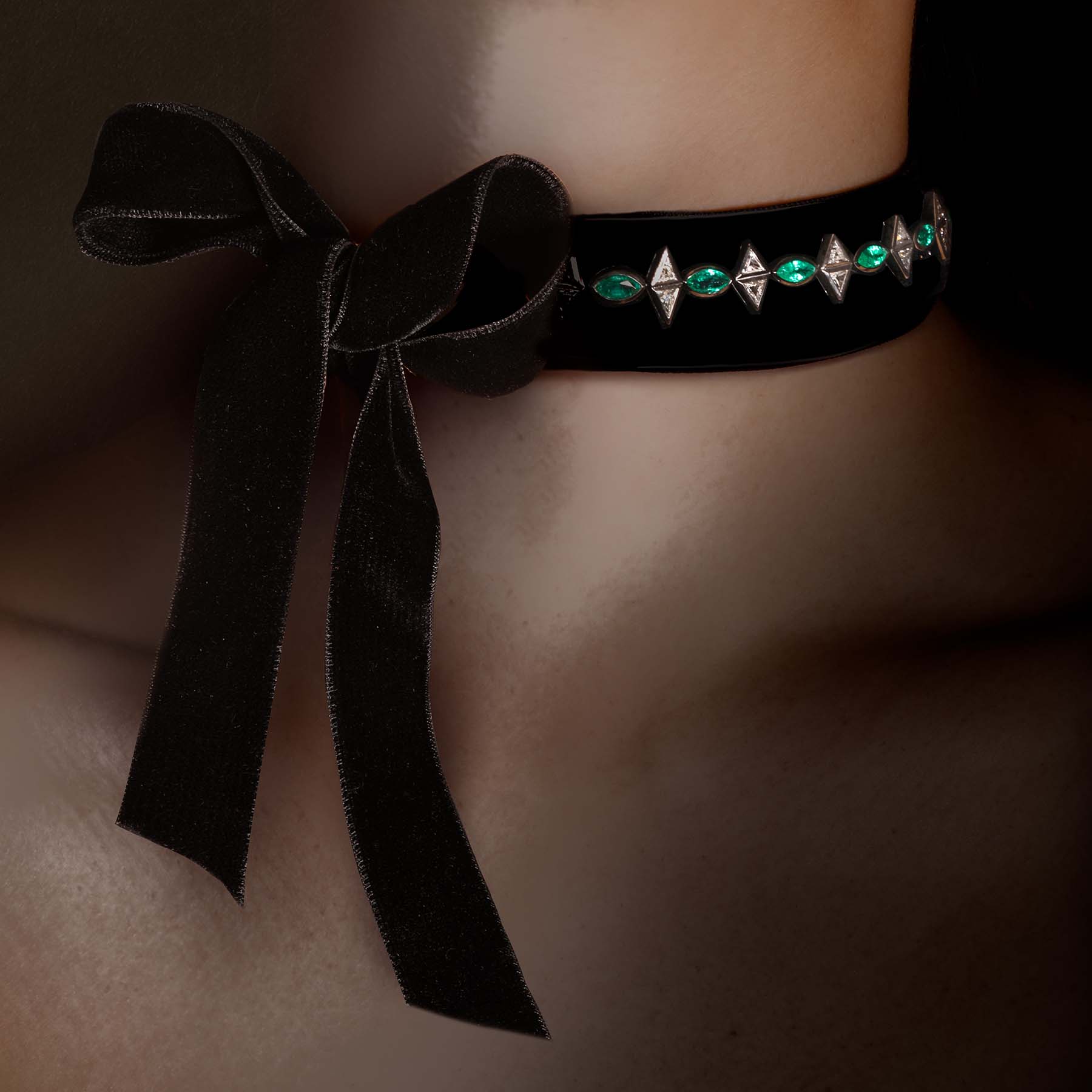 The Romantic Necklace by Solange Azagury-Partridge - Blackened 18 carat White Gold and Emeralds & Diamonds - velvet black ribbon styling