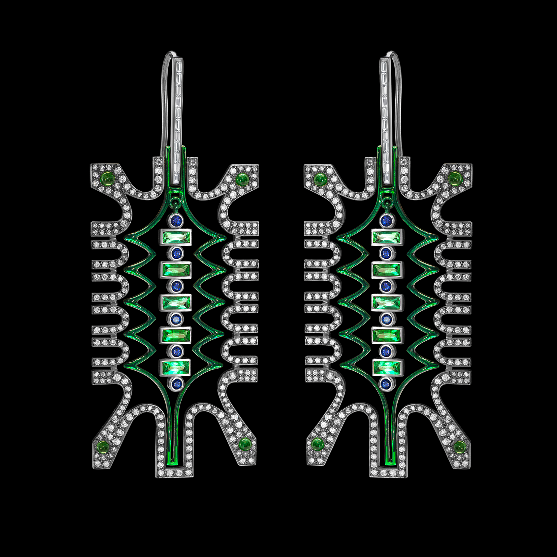 The Sistine Earrings by designer Solange Azagury-Partridge - 18 carat Blackened White Gold and 18 carat Blackened Yellow Gold, emerald, sapphire, diamond, green ceramic and enamel - front view
