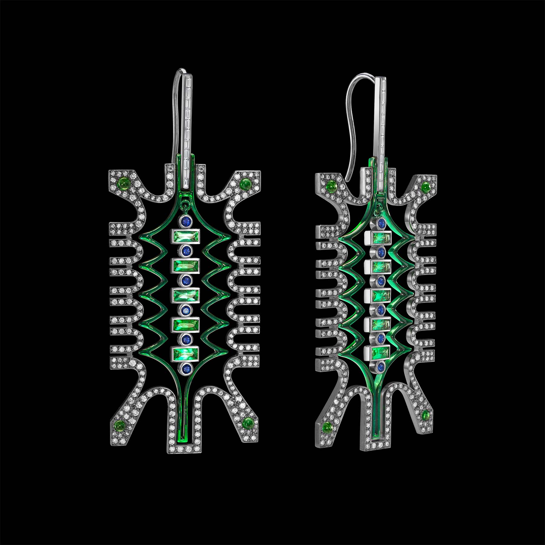 The Sistine Earrings by designer Solange Azagury-Partridge - 18 carat Blackened White Gold and 18 carat Blackened Yellow Gold, emerald, sapphire, diamond, green ceramic and enamel - front view 1