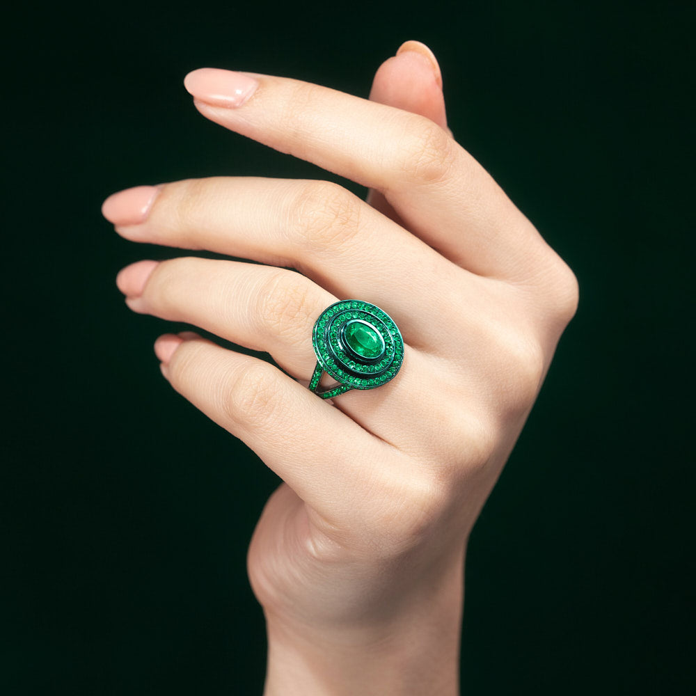 Step Oval Emerald Ring in Blackened 18 Karate White Gold by Solange Azagury-Partridge On Models Hand