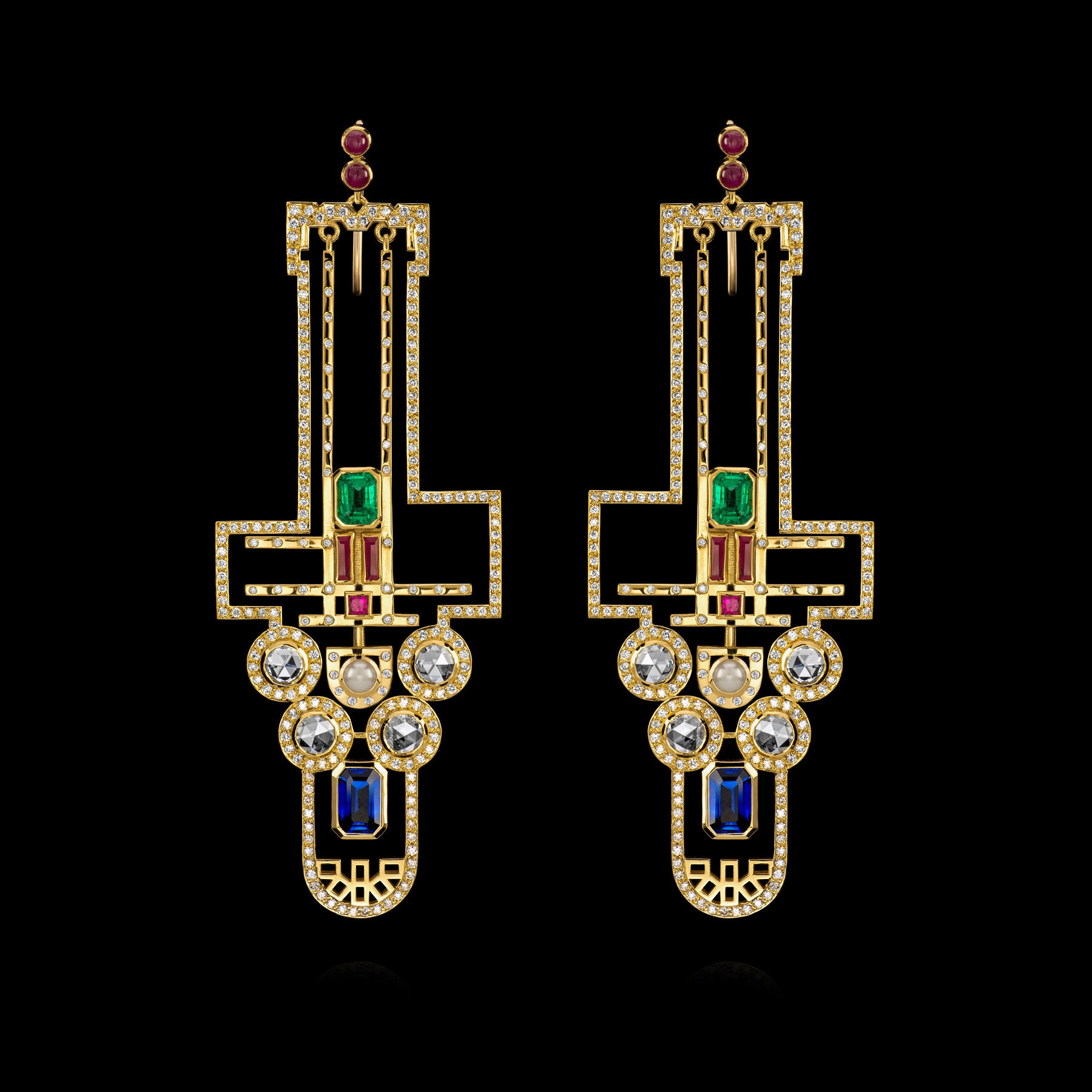 The Westminster Earrings by designer Solange Azagury-Partridge - 18 carat Yellow Gold, Ruby, Emerald, Sapphire, Pearl Diamond - front view 0