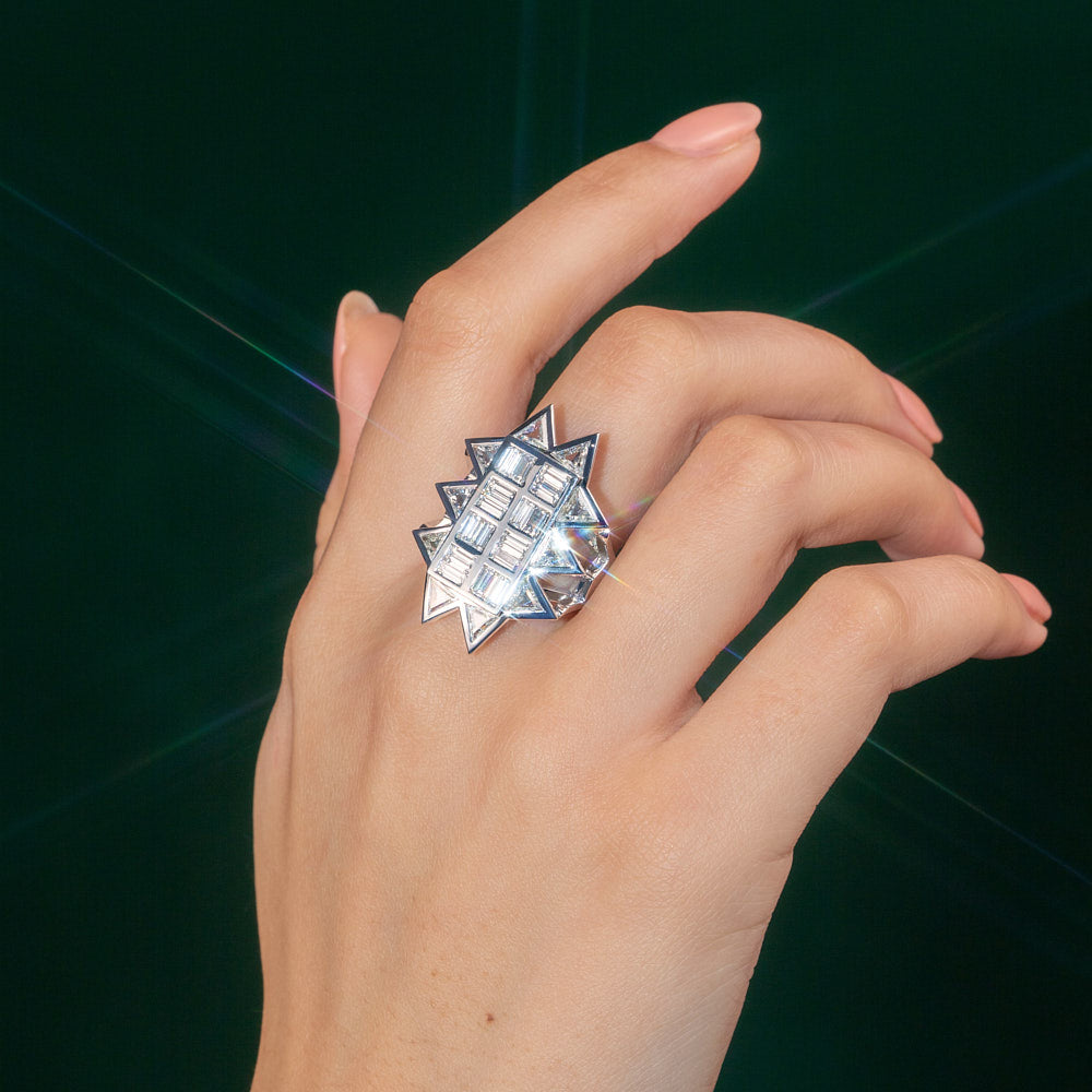 Witchy Diamond Ring Set with Triangle and Baguette Shaped Diamond in 18 karat white gold by Solange Azagury-Partridge on Hand