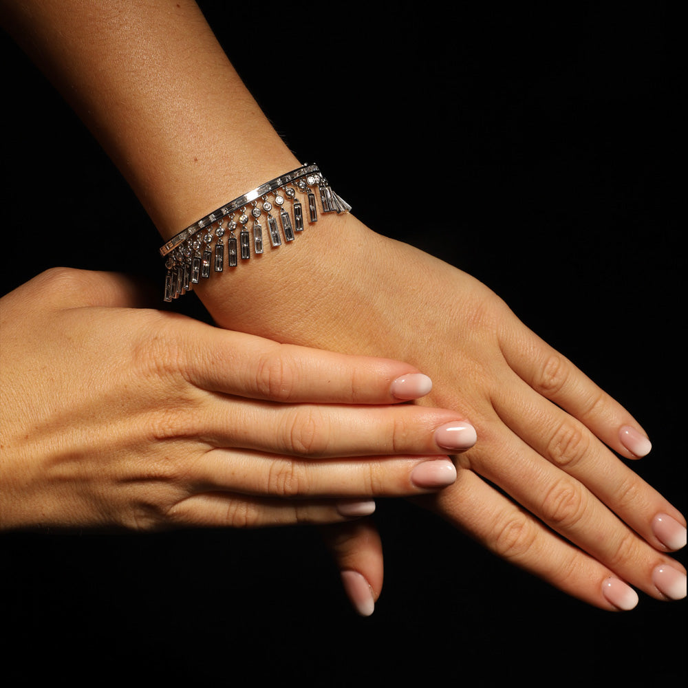 Borderline Bangle by designer Solange Azagury-Partridge - 18k White Gold and diamonds - model styling 2