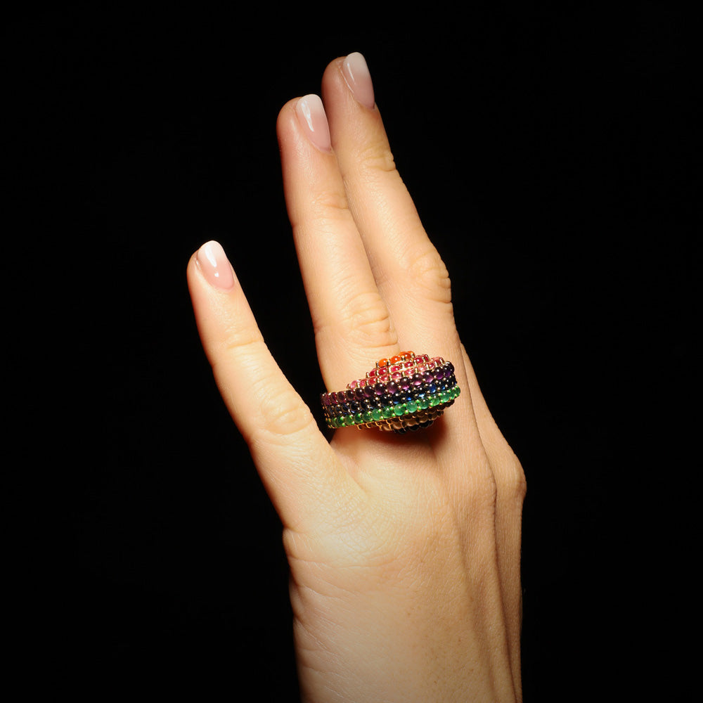 Colourway Rainbow ring by designer Solange Azagury-Partridge - 18k Yellow Gold, gemstones and enamel - model hand 1