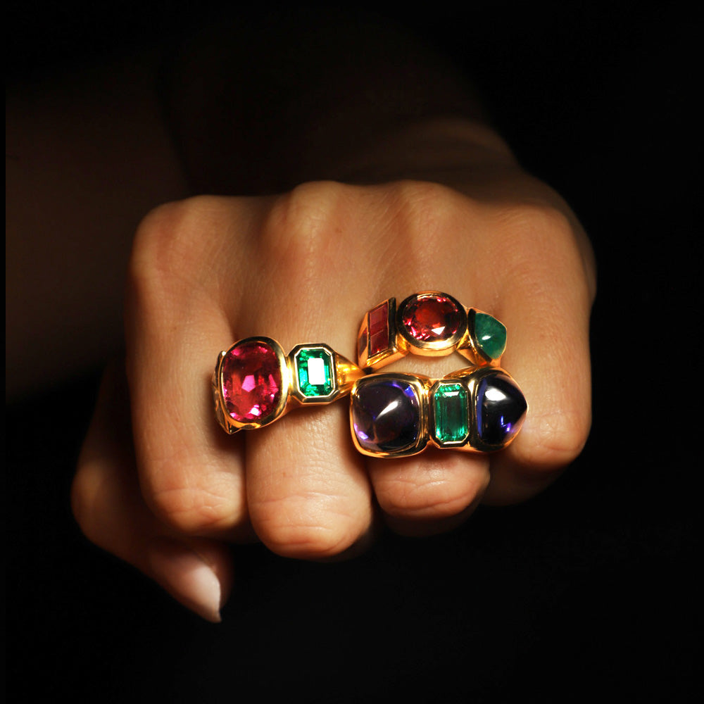 Edible ring by designer Solange Azagury-Partridge - 18k Yellow Gold, Pink Tourmaline - styling with other rings 2