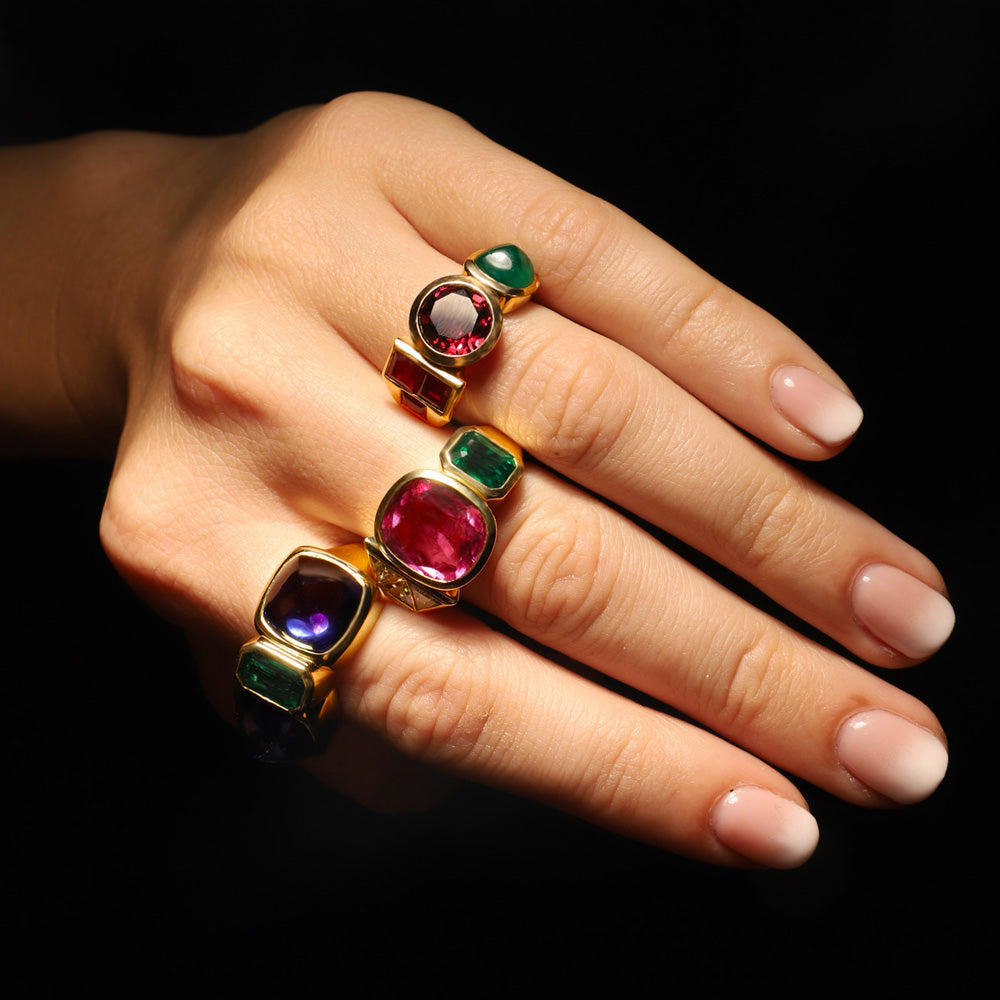 Edible ring by designer Solange Azagury-Partridge - 18k Yellow Gold, Pink Tourmaline - styling with other rings